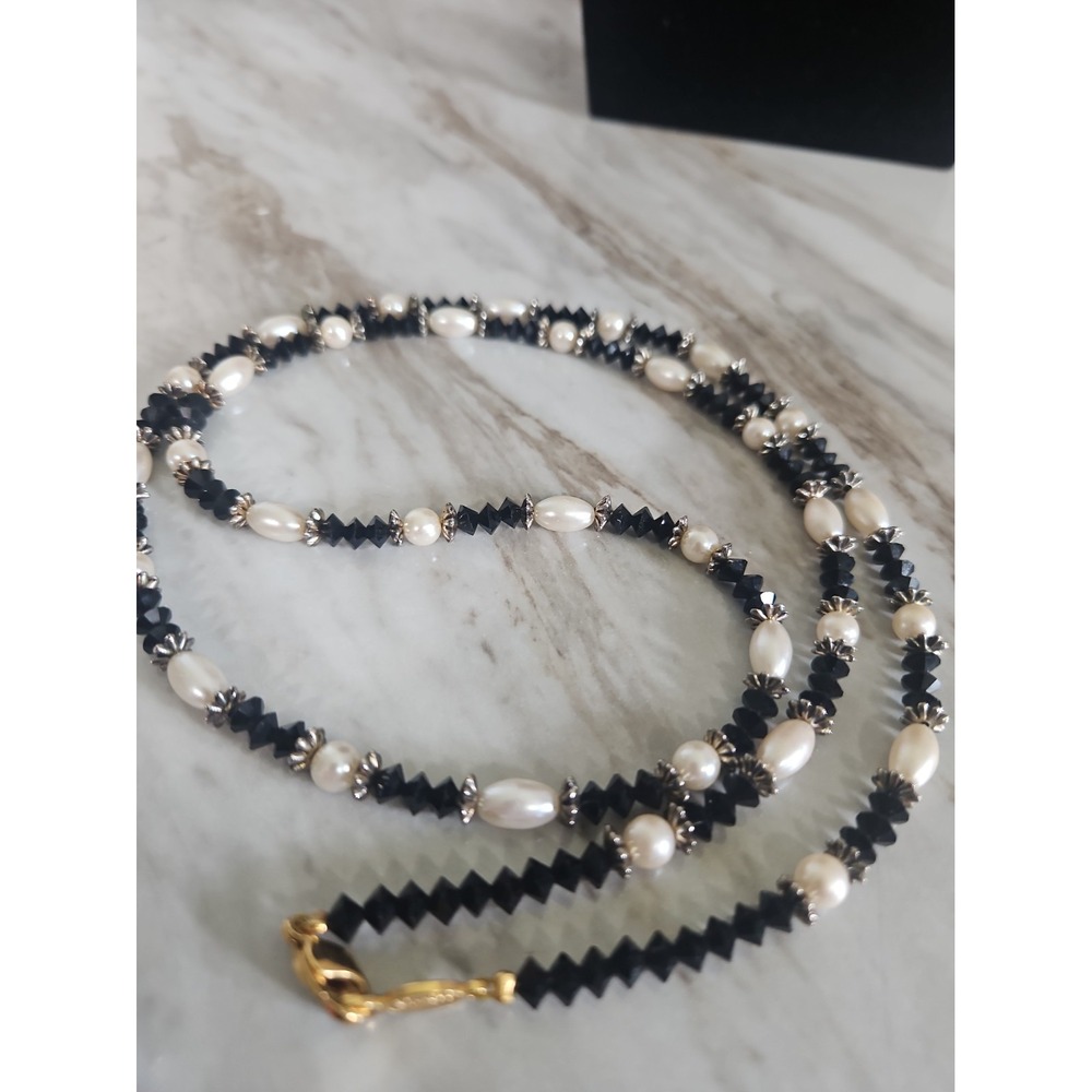 Vintage NAPIER Black Faset Glass Beads And Faux Pearls Necklace